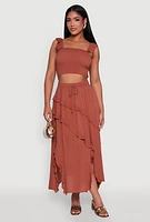 Womens Chic Gauze Knit Ruffle Strap Crop Top with Square Neck,