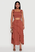 Womens Chic Gauze Knit Ruffle Strap Crop Top with Square Neck,