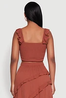 Womens Chic Gauze Knit Ruffle Strap Crop Top with Square Neck,