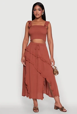 Womens Trendy Gauze Knit Asymmetrical Skirt with Ruffles,