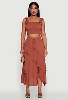 Womens Trendy Gauze Knit Asymmetrical Skirt with Ruffles, Brown, Size L