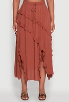 Womens Trendy Gauze Knit Asymmetrical Skirt with Ruffles, Brown, Size L