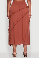 Womens Trendy Gauze Knit Asymmetrical Skirt with Ruffles, Brown, Size L