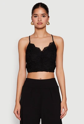 Womens Lace Overlay Smocked Back Crop Top,