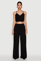 Womens Lace Overlay Smocked Back Crop Top,