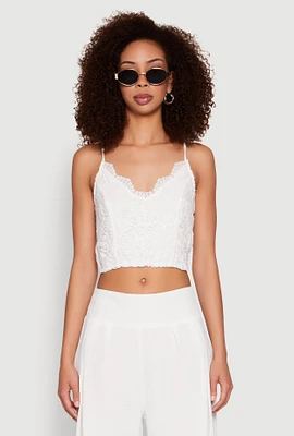 Womens Lace Overlay Smocked Back Crop Top, White, Size S