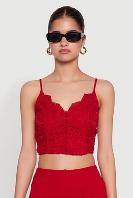Womens Lace Overlay Smocked Back Crop Top, Red, Size XL