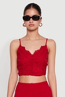 Womens Lace Overlay Smocked Back Crop Top, Red, Size XL
