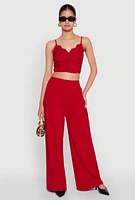 Womens Lace Overlay Smocked Back Crop Top, Red, Size XL