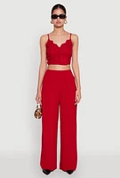Womens Lace Overlay Smocked Back Crop Top, Red, Size XL