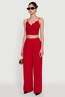 Womens Lace Overlay Smocked Back Crop Top, Red, Size XL