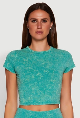 Womens Trendy Acid Wash Crew Neck Cropped Tee,