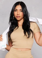 Womens Seamless Ribbed Crew Neck Crop Top, Beige, Size L-XL