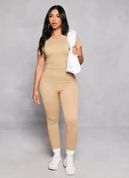 Womens Seamless Ribbed Crew Neck Crop Top, Beige, Size L-XL
