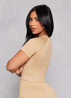 Womens Seamless Ribbed Crew Neck Crop Top, Beige, Size L-XL
