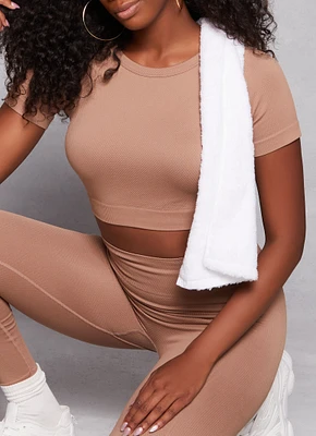 Womens Seamless Ribbed Crew Neck Crop Top, Beige,