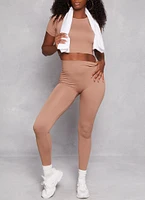 Womens Seamless Ribbed Crew Neck Crop Top, Beige,