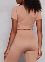 Womens Seamless Ribbed Crew Neck Crop Top, Beige,