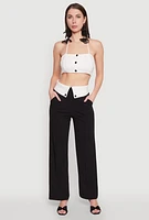 Womens Faux Button Front Cropped Halter Top, White, Size M
