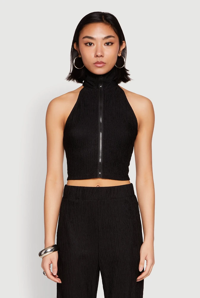 Womens Textured Knit Zip Neck Crop Top,