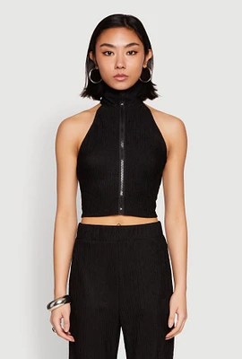 Womens Textured Knit Zip Neck Crop Top,