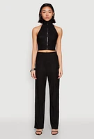 Womens Textured Knit Zip Neck Crop Top,