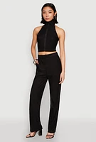 Womens Textured Knit Zip Neck Crop Top,