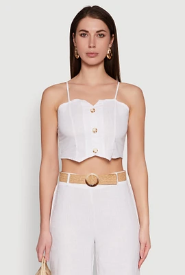 Womens Faux Button Smocked Crop Top, White, Size XL