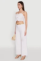 Womens Faux Button Smocked Crop Top, White, Size XL
