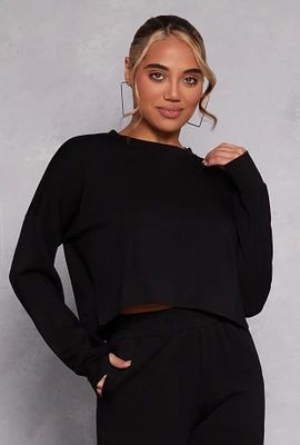 Womens Crew Neck Long Sleeve Crop Top, Black, Size L