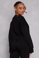 Womens Crew Neck Long Sleeve Crop Top, Black, Size L