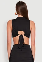 Womens Cut Out Tie Back Sleeveless Crop Top, Black, Size S