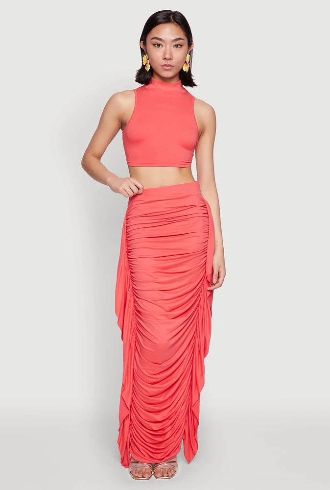 Womens Side Ruffle Ruched Maxi Skirt, Pink,