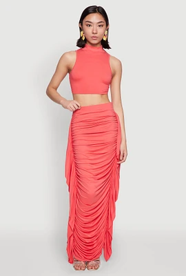 Womens Side Ruffle Ruched Maxi Skirt, Pink,