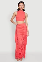 Womens Side Ruffle Ruched Maxi Skirt, Pink,