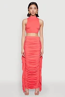 Womens Side Ruffle Ruched Maxi Skirt, Pink,