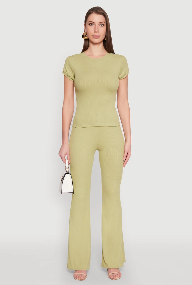 Womens High Waisted Rib Knit Palazzo Pants,