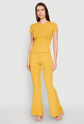 Womens High Waisted Rib Knit Palazzo Pants, Yellow,
