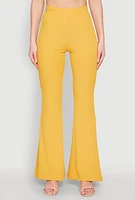 Womens High Waisted Rib Knit Palazzo Pants, Yellow,