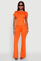 Womens High Waisted Rib Knit Palazzo Pants, Orange, Size M