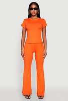 Womens High Waisted Rib Knit Palazzo Pants, Orange, Size M