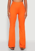 Womens High Waisted Rib Knit Palazzo Pants, Orange, Size M