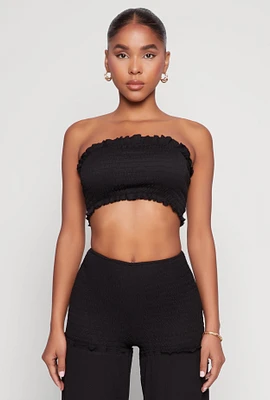 Womens Ruffle Hem Smocked Tube Top, Black, Size L
