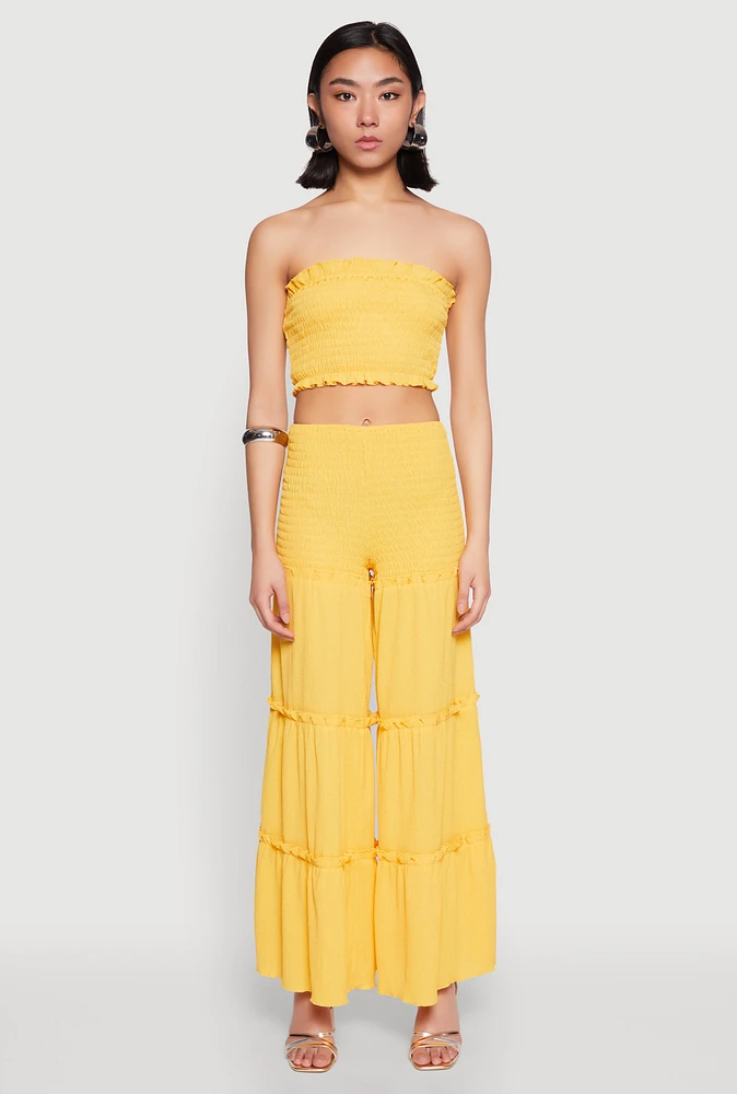 Womens Ruffle Hem Smocked Tube Top, Yellow,