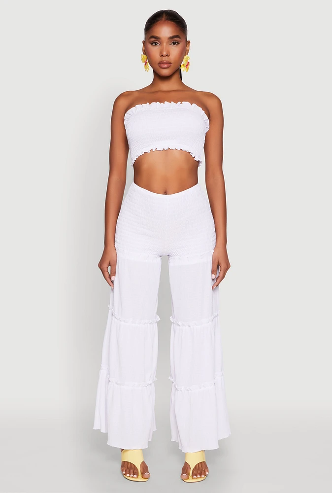 Womens Tiered Ruffle Palazzo Pants, White,