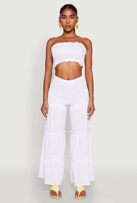 Womens Tiered Ruffle Palazzo Pants, White,