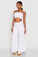 Womens Tiered Ruffle Palazzo Pants, White, Size S