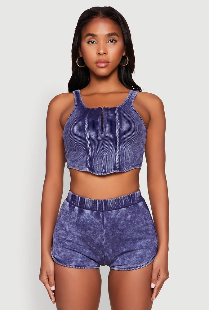 Womens Cropped Mineral Wash Corset Top, Blue, Size S