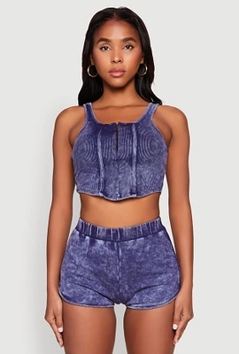 Womens Cropped Mineral Wash Corset Top, Blue, Size S