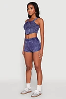 Womens Cropped Mineral Wash Corset Top, Blue, Size S